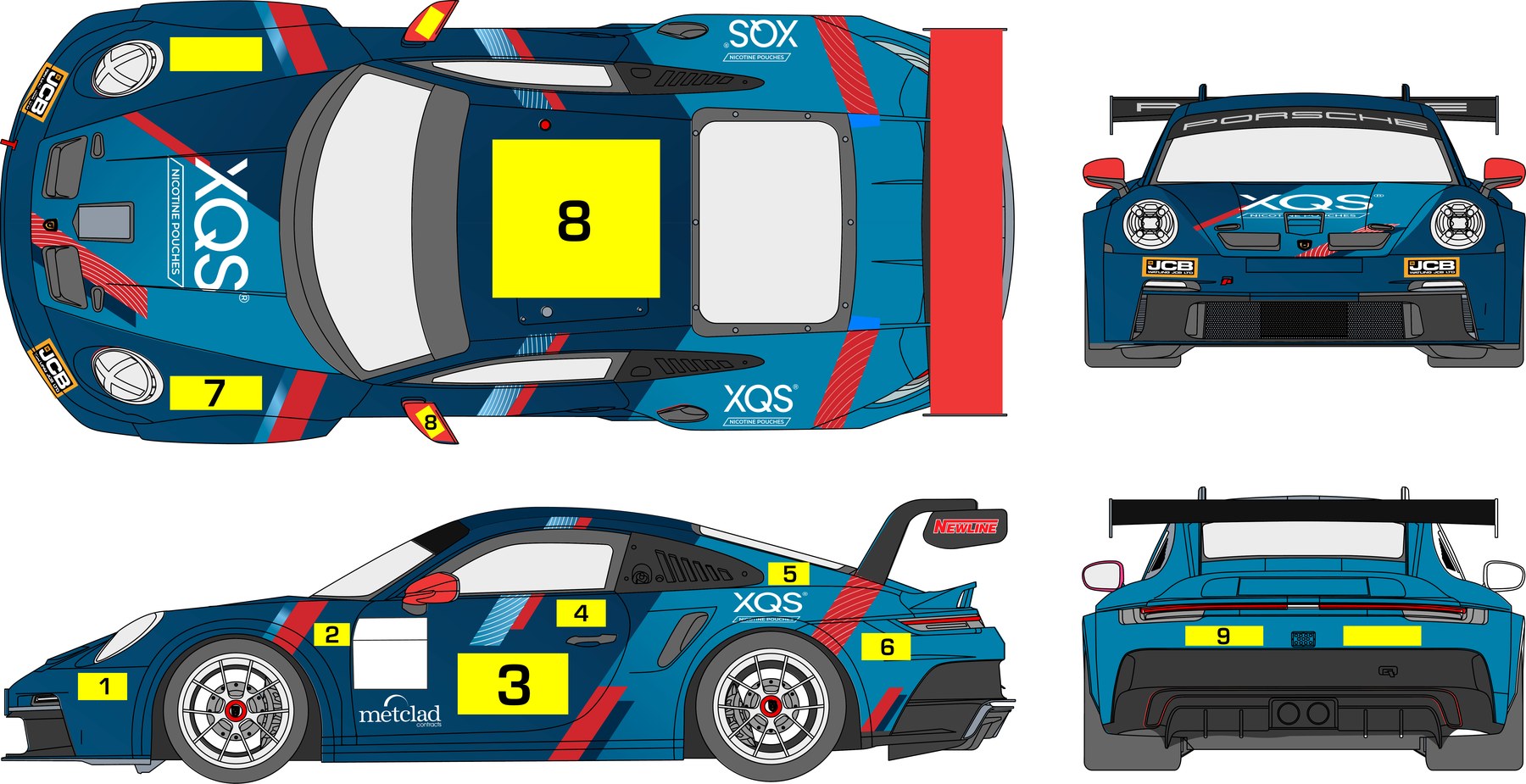 Stephen Jelley's XQS Porsche 911 GT3 Cup livery, with available sponsor positions numbered one to nine